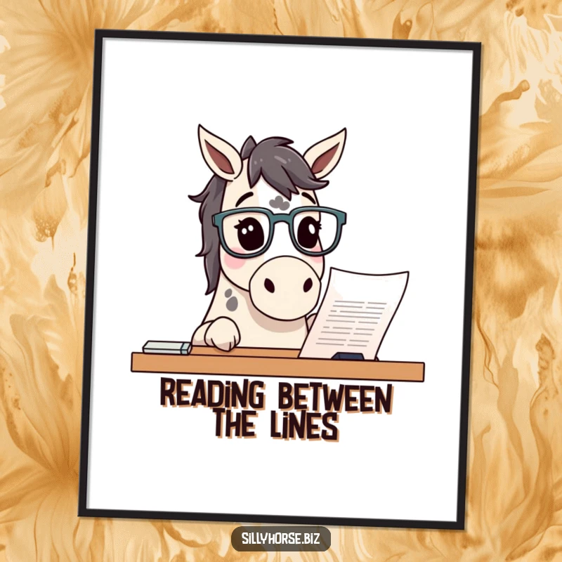 Funny free printable wall art: a curious spotted horse wearing glasses attentively peers at a document on a wooden desk.