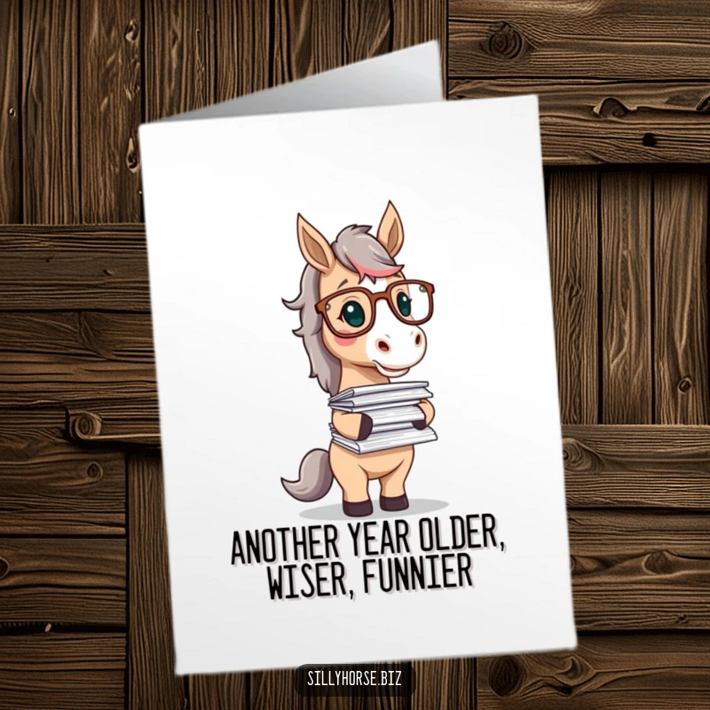 Funny Free Printable Birthday Card: A wise-looking horse wearing glasses juggles a wobbly stack of papers.