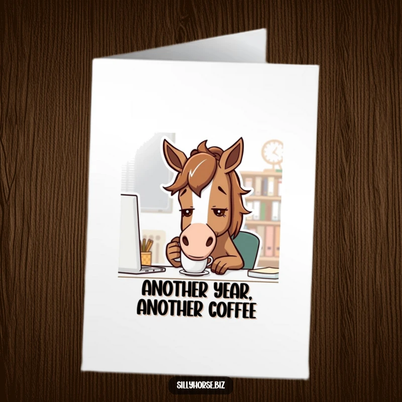 Funny free printable birthday card: brown horse in an office sips coffee with a determined expression, ready for the day.