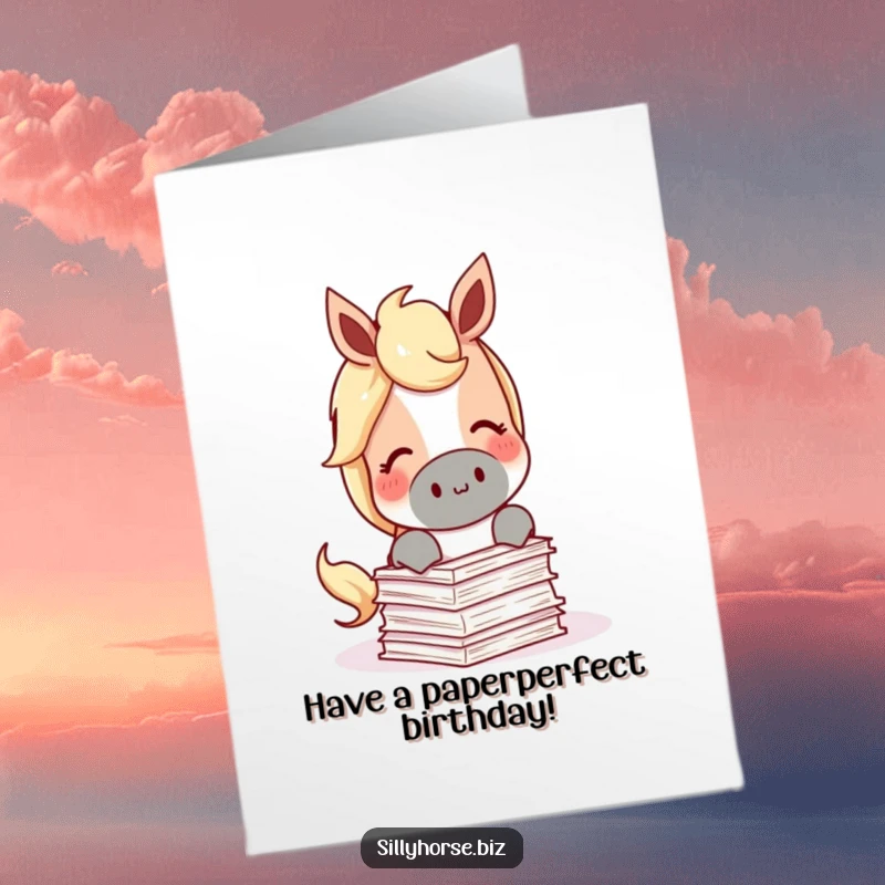 Funny Free Printable Birthday Card: A content horse happily munching on a miniature stack of papers, celebrating a birthday.