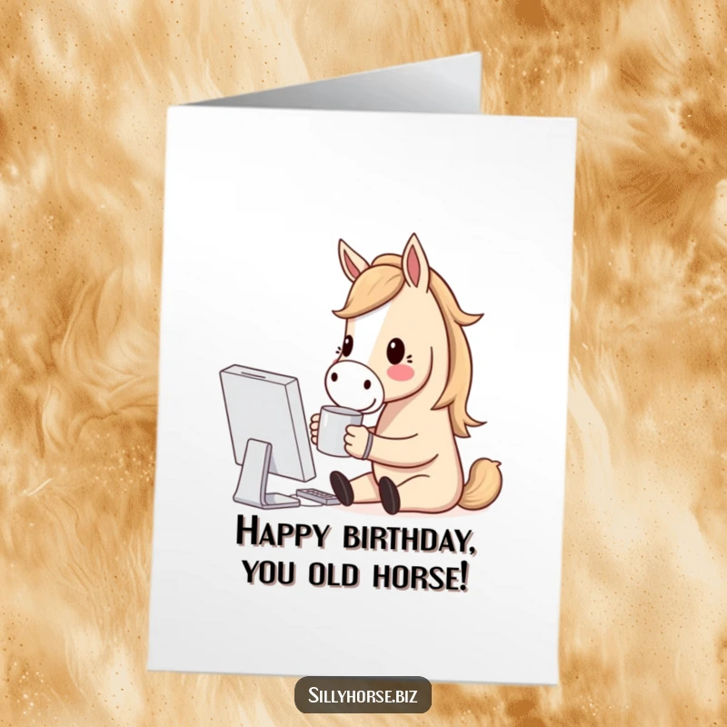 Funny Free Printable Birthday Card: A cheerful horse sips coffee while happily smiling at a computer screen.