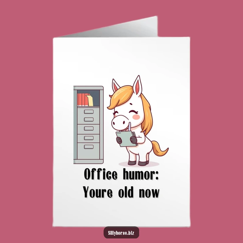 Free Printable Funny Birthday Card: Giggling Horse Filing Chaos - Hilarious Downloadable Greeting