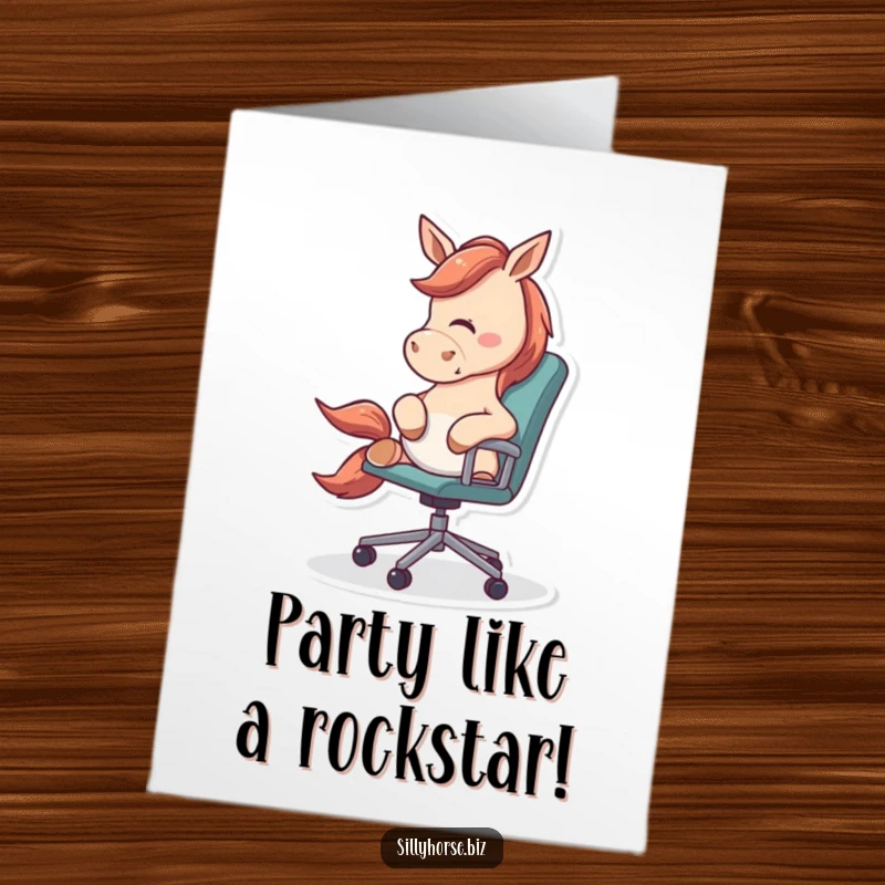 Funny Free Printable Birthday Card: An energetic horse playfully nudging a rolling office chair, causing desk chaos for a birthday wish.