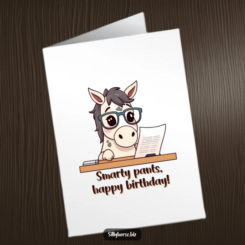 Funny free printable birthday card: a curious spotted horse wearing glasses peers intently at a document on a desk.