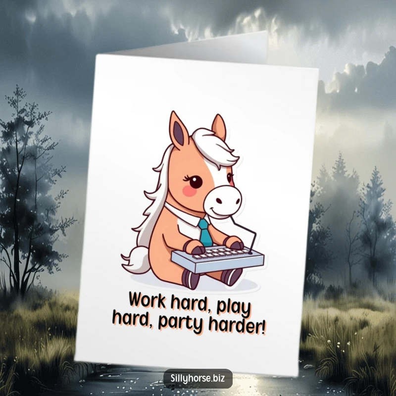 Funny Free Printable Birthday Card featuring a dapper horse in a tie typing furiously on a mini keyboard.