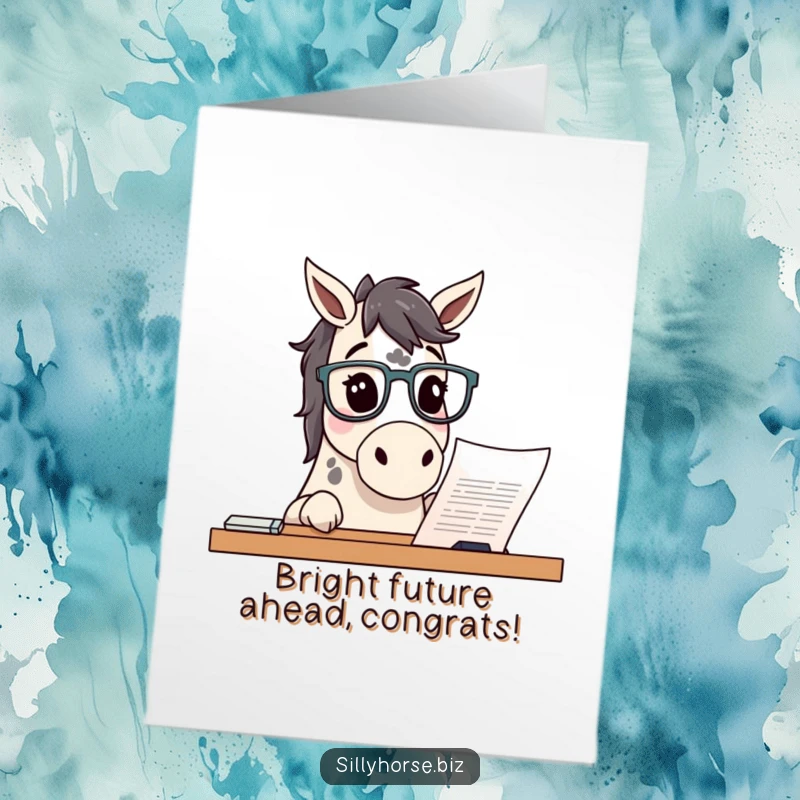 Funny free printable congratulations card: a curious spotted horse wearing glasses examines a document, signifying achievement.