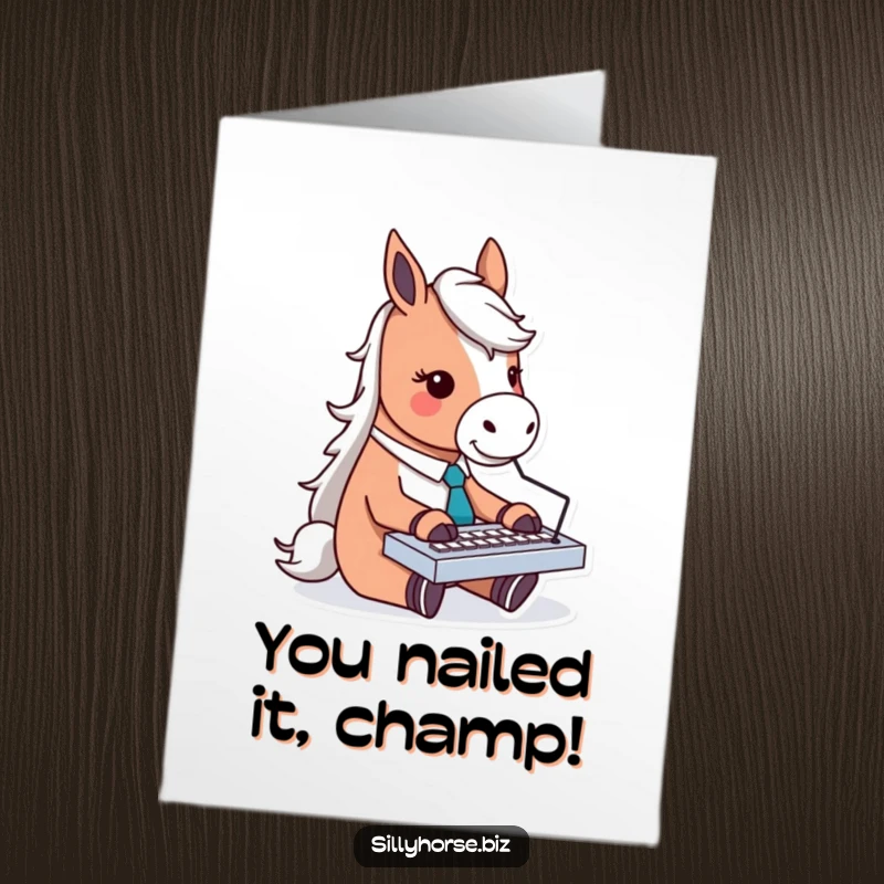 Funny Free Printable Congratulations Card: A business horse in a tie types excitedly on a small keyboard.