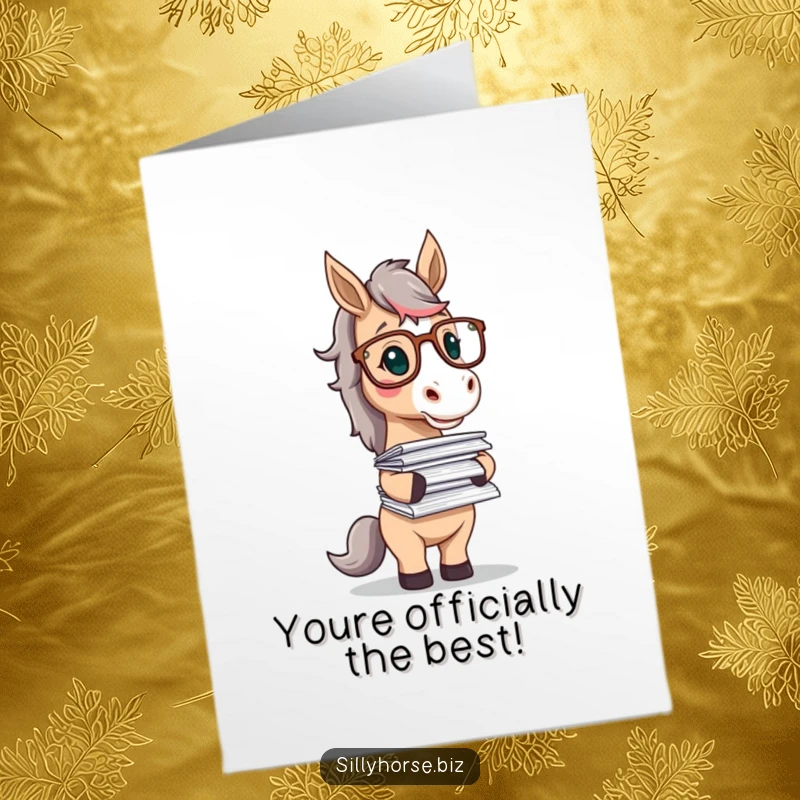 Funny Free Printable Congratulations Card: A smart horse in glasses attempts to balance a huge, precarious pile of documents.