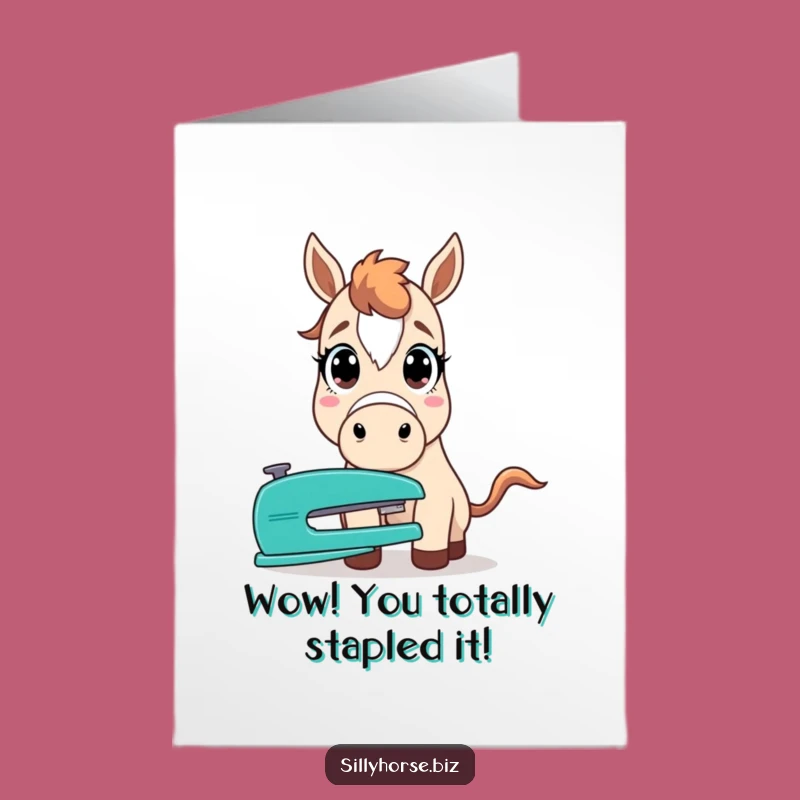 Free Printable Congrats Card: Surprised Horse & Stapler - Shocking Achievement Download!