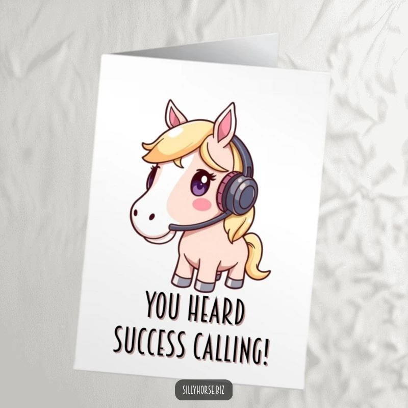 Funny Free Printable Congratulations Card: A whimsical horse wearing a headset, listening intently, acknowledging their success.