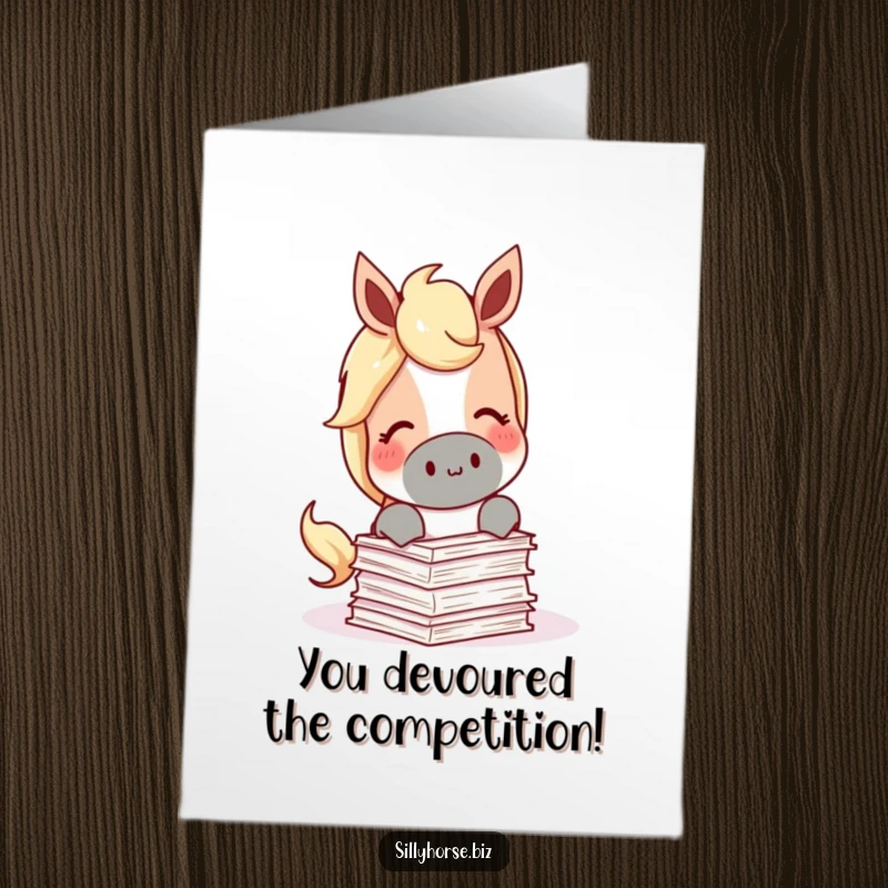 Funny Free Printable Congratulations Card: A content horse happily munching on a miniature stack of papers, celebrating an achievement.