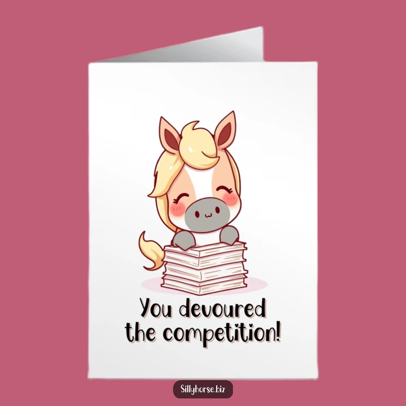 Funny Free Printable Congrats Card: Horse Eating Papers, Office Delight, Cute Downloadable Gift