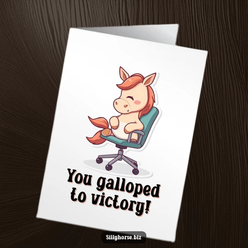 Funny Free Printable Congratulations Card: An energetic horse playfully nudging a rolling office chair, celebrating a promotion with office chaos.