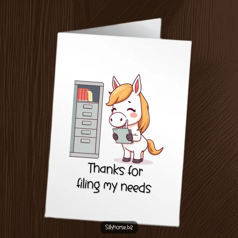 Funny free printable thank you card with a giggling horse happily filing thanks into a tiny cabinet.