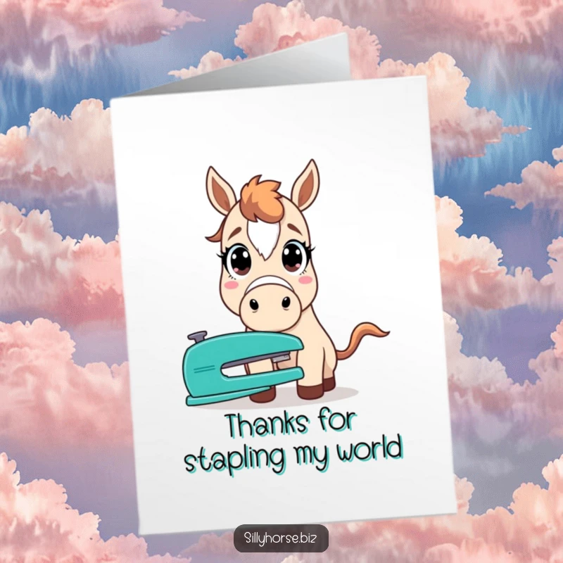 Funny free printable thank you card depicting a horse with astonished eyes, fixated on a mundane office stapler.