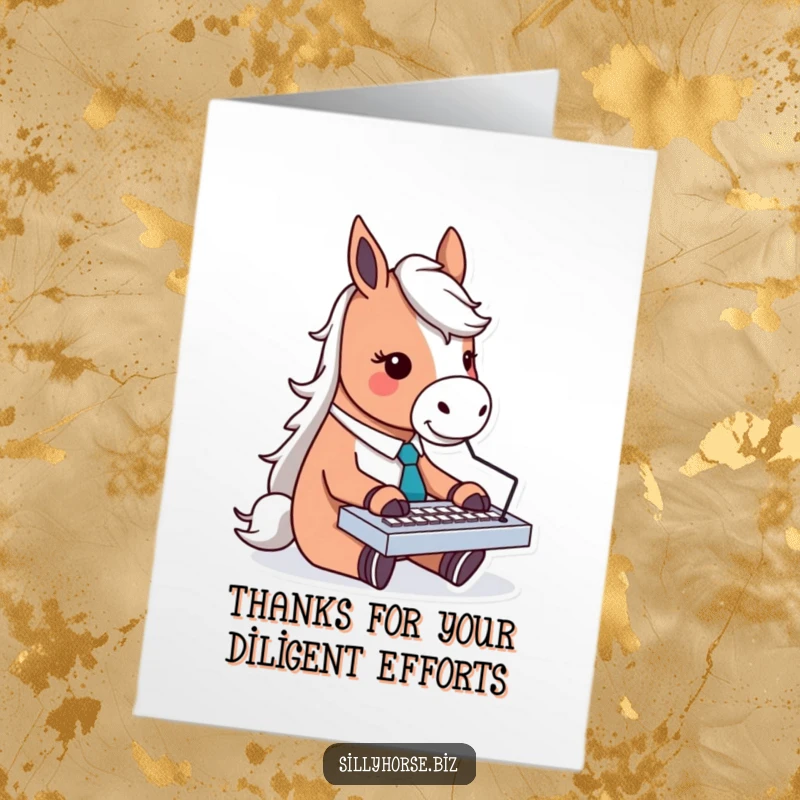Funny Free Printable Thank You Card: A dedicated horse in a tie types with passion on a tiny keyboard.