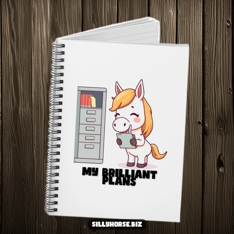 Funny notebook cover showing a giggling horse, barely containing its laughter while attempting to file papers into a tiny cabinet.