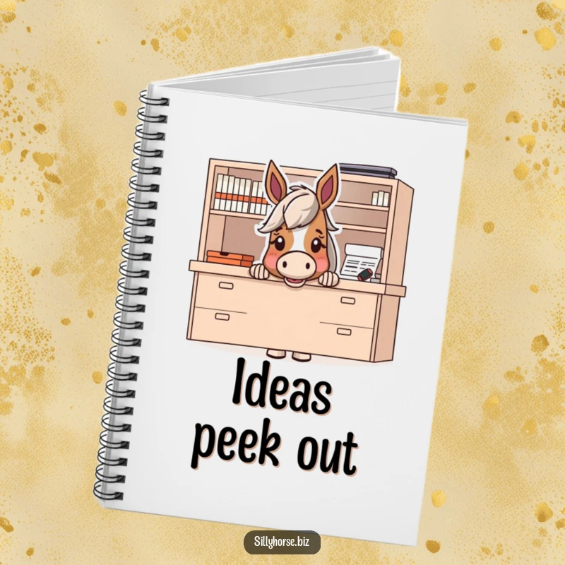 Funny notebook cover with a horse character peeking excitedly from behind a large desk, inspiring playful creativity.
