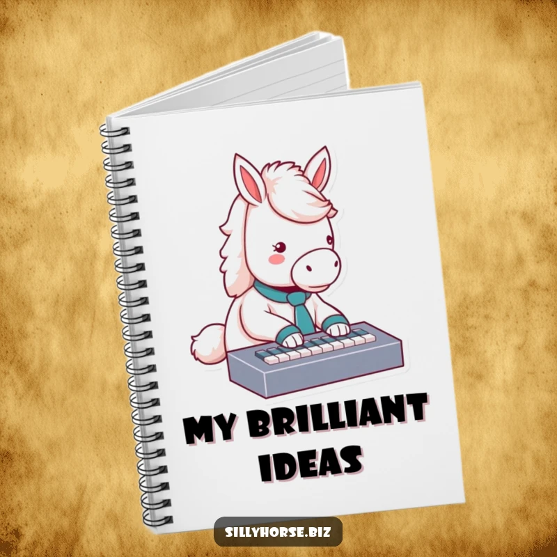 Funny fluffy white horse with a tie, typing on a miniature keyboard, inspiring humorous notebook for work or school, funny gift.