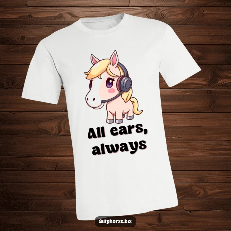 Funny T-Shirt depicting a whimsical horse wearing a headset and listening intently, perfect for music or focus themes.