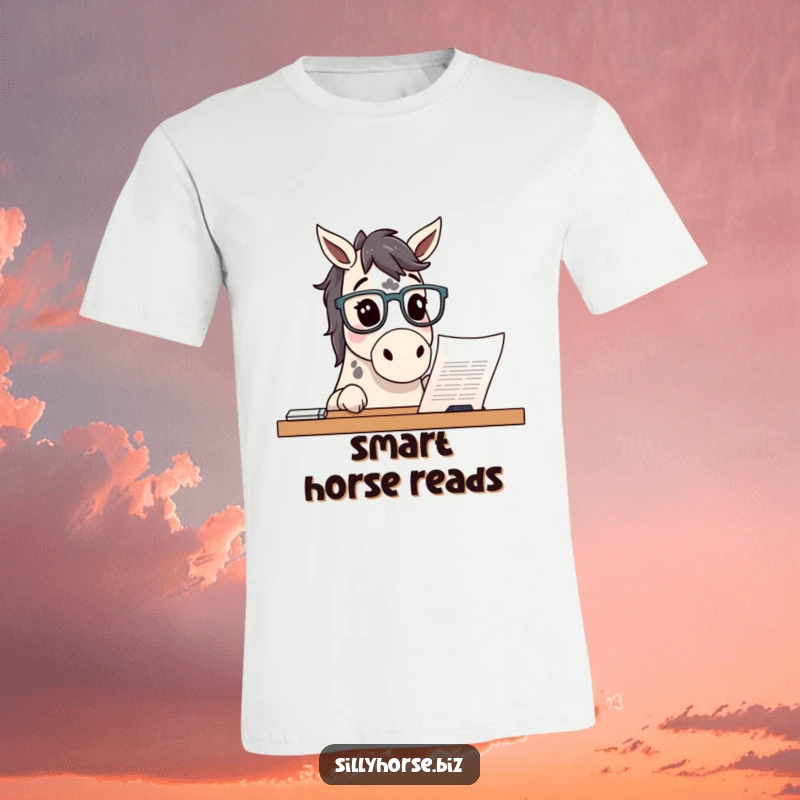 Funny curious spotted horse wearing glasses, peering at a document, smart and humorous t-shirt, great funny gift for academics.