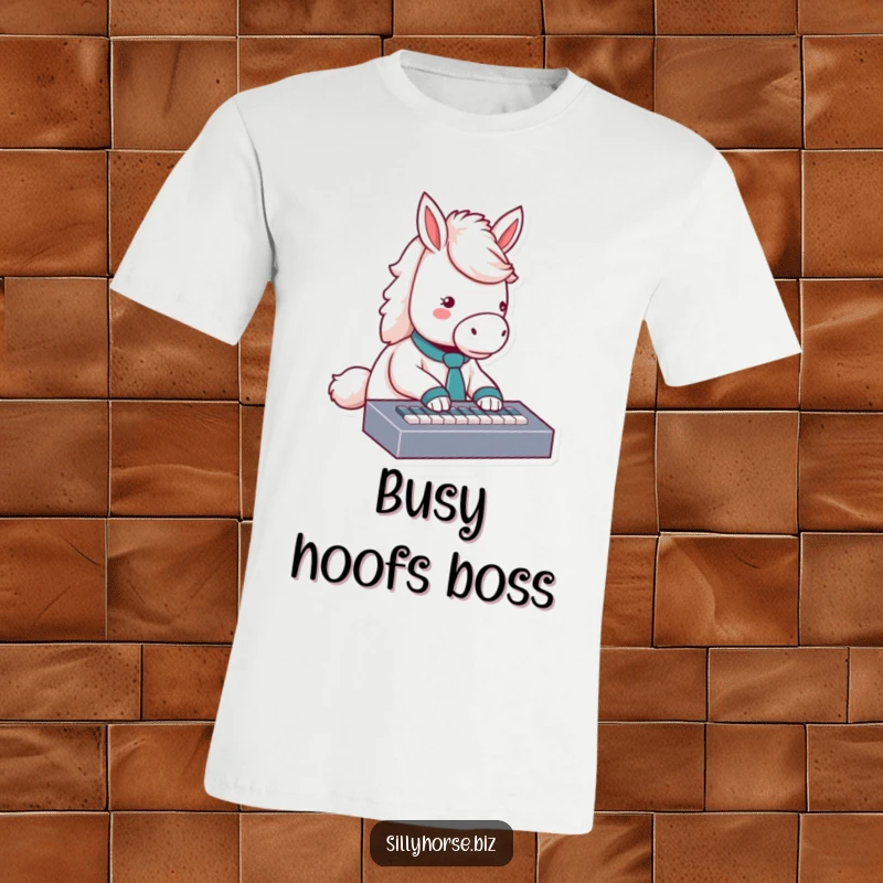 Funny fluffy white horse in a tiny tie typing on a miniature keyboard, humorous shirt for animal lovers, great funny gift.