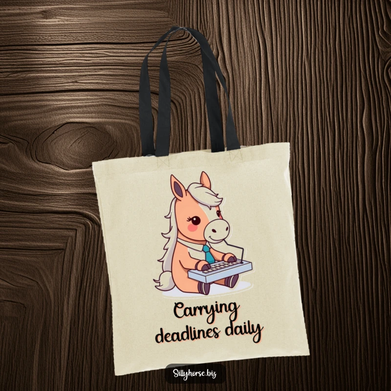 Funny tote bag with a horse character in a tie, enthusiastically typing on a tiny keyboard, ready for a day of work.