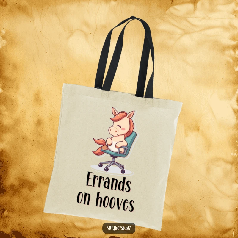 Funny Tote Bag illustrating an energetic horse playfully nudging a rolling office chair, perfect for office humor enthusiasts.