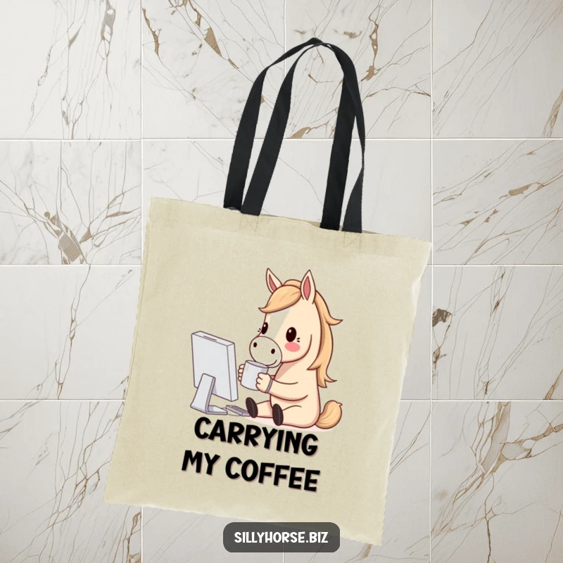 Funny tote bag with a horse character holding a coffee mug, smiling contentedly at a computer screen, perfect for coffee lovers.