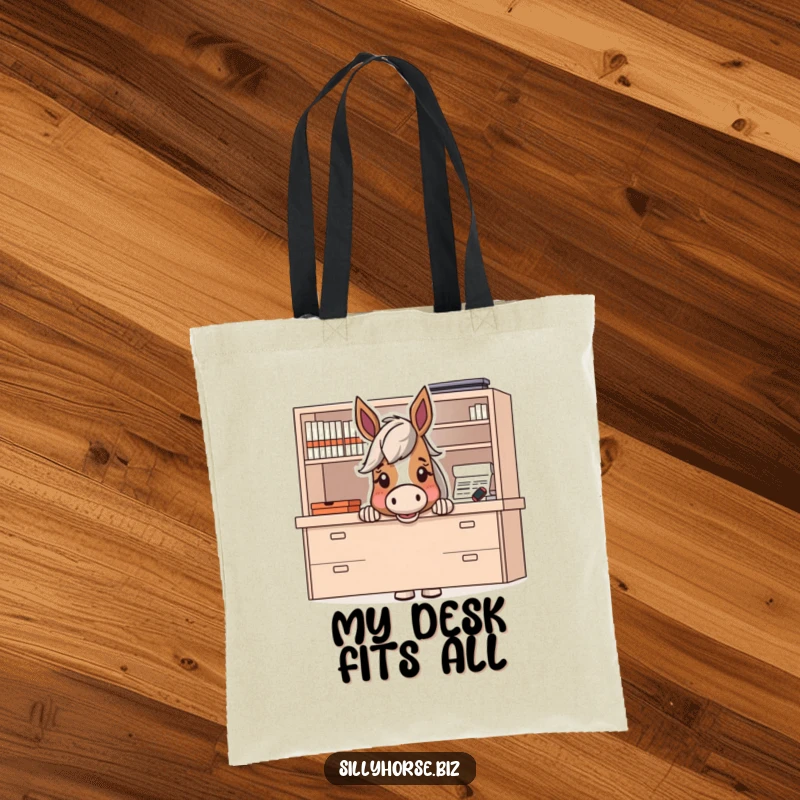 Funny tote bag with a horse character peeking excitedly from behind a large desk, ready to reveal something fun.