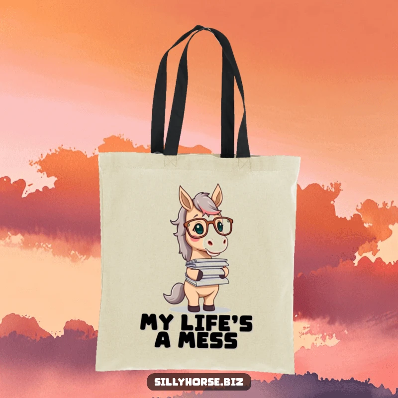 Funny tote bag with a horse character in glasses, playfully balancing a giant stack of papers, ready for a day of learning.