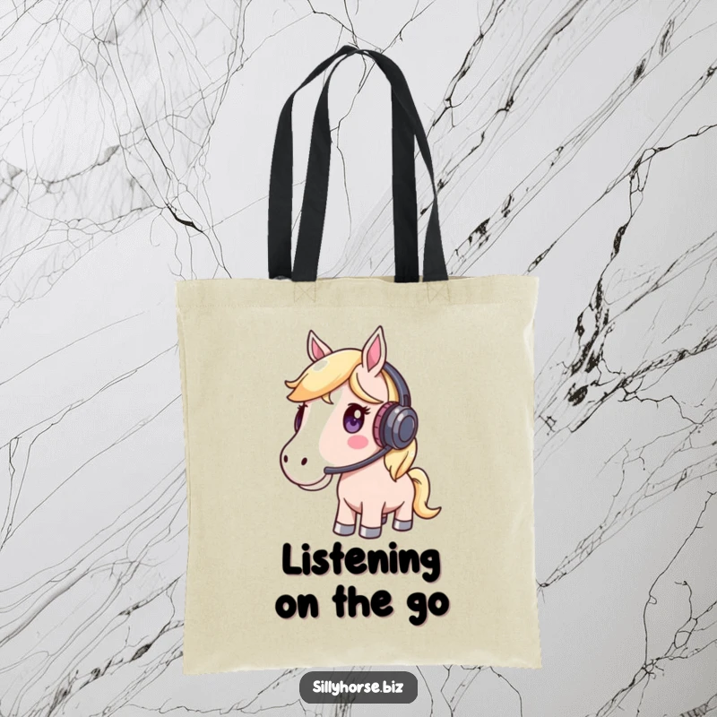 Funny Tote Bag with a whimsical horse wearing a headset and listening intently, ideal for music enthusiasts.